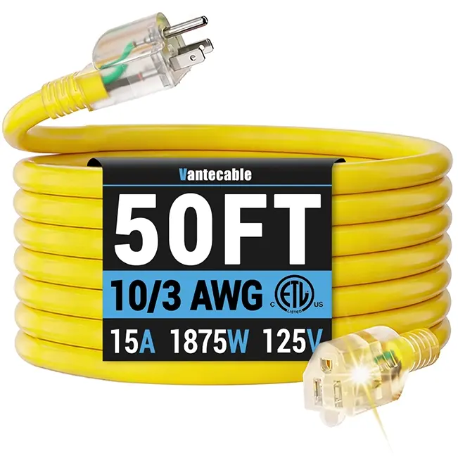 [25ft to 200ft] 10/3 Gauge Ultra Heavy Duty Outdoor Extension Cord, Waterproof with LED Lighted Indicator,yellow,Waterproof,ETL,flexible