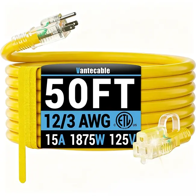 12/3 Gauge Outdoor Extension Cord with LED Lighted End, SJTW, ETL Listed, 6-100 ft