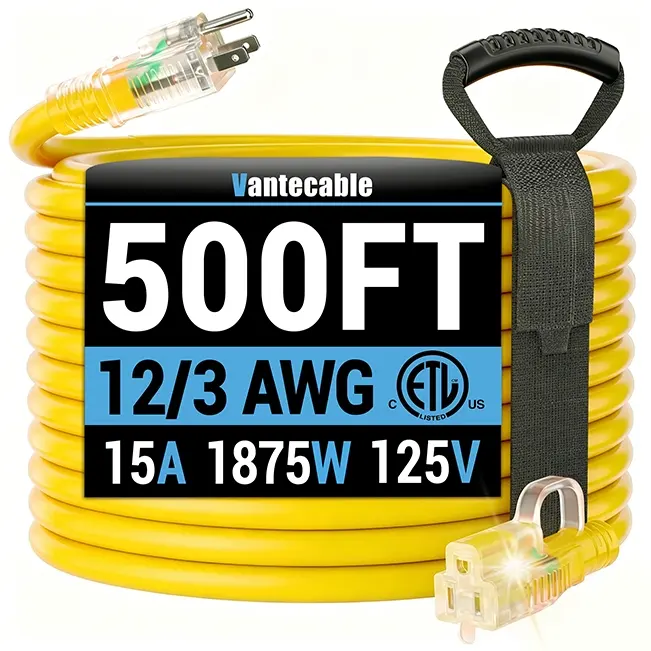 12/3 Gauge Outdoor Extension Cord with LED Lighted End, SJTW, ETL Listed, 6-100 ft