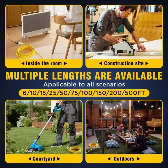 [6ft to 500ft] 12/3 Gauge Heavy Duty Outdoor Extension Cord, Waterproof with LED Lighted End,yellow,Waterproof,ETL,flexible