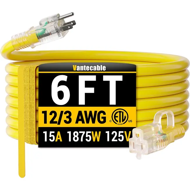 [6ft to 500ft] 12/3 Gauge Heavy Duty Outdoor Extension Cord, with LED Lighted End,yellow,Waterproof,ETL,flexible