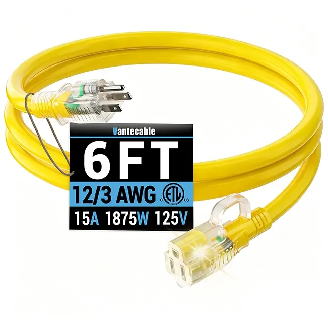12/3 Gauge Outdoor Extension Cord with LED Lighted End, SJTW, ETL Listed, 6-100 ft