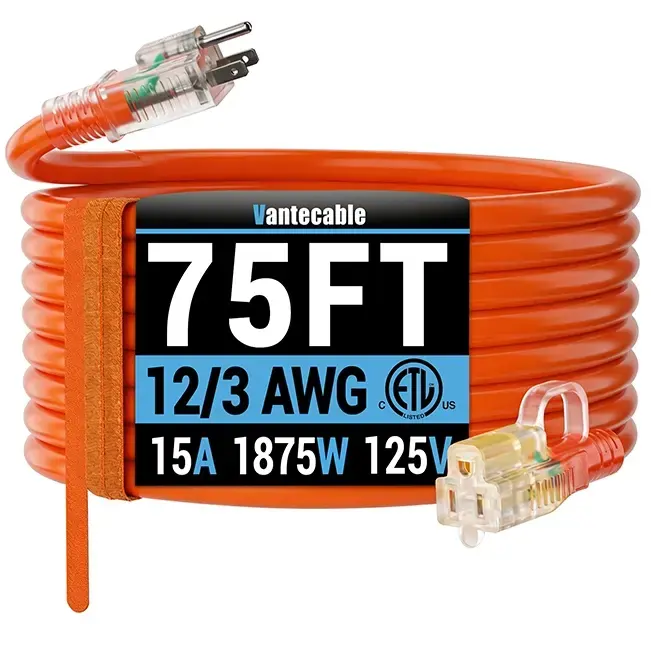 [6ft to 250ft] 12/3 Gauge Heavy Duty Outdoor Extension Cord, Waterproof with LED Lighted End,orange,ETL,flexible