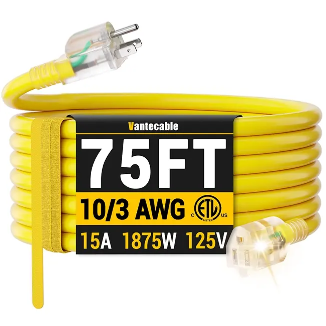 [25ft to 200ft] 10/3 Gauge Ultra Heavy Duty Outdoor Extension Cord, Waterproof with LED Lighted Indicator,yellow,Waterproof,ETL,flexible