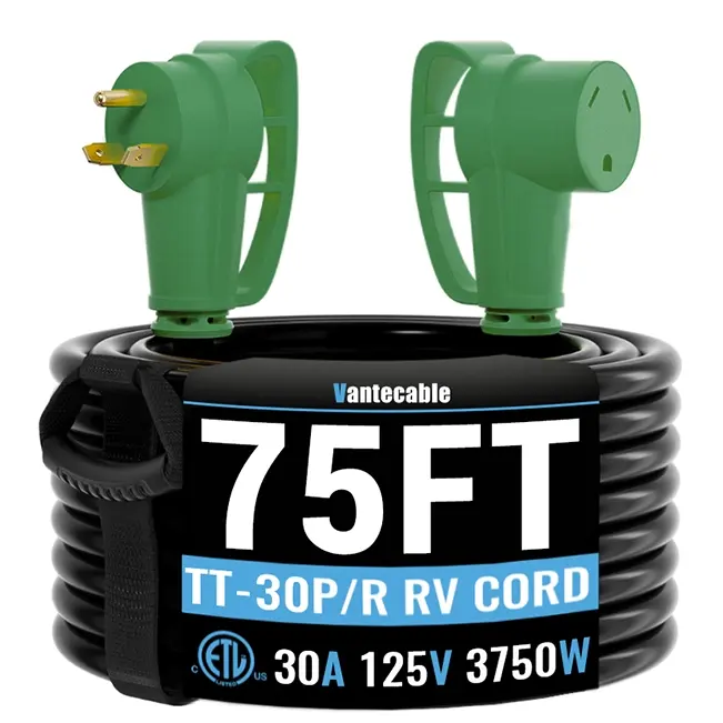[15ft to 100ft] 10/3 Gauge RV Extension Cord,3 prong,125V,3750W,NEMA TT-30P to TT-30R,with Easy Grip Handle, Yellow/Green,Waterproof,ETL,flexible