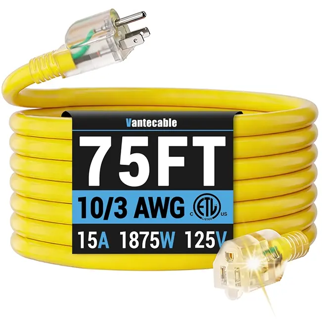 [25ft to 200ft] 10/3 Gauge Ultra Heavy Duty Outdoor Extension Cord, Waterproof with LED Lighted Indicator,yellow,Waterproof,ETL,flexible