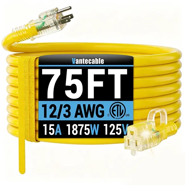 12/3 Gauge Outdoor Extension Cord with LED Lighted End, SJTW, ETL Listed, 6-100 ft