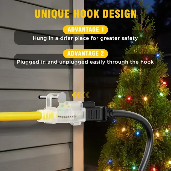 [6ft to 500ft] 12/3 Gauge Heavy Duty Outdoor Extension Cord, Waterproof with LED Lighted End,yellow,Waterproof,ETL,flexible