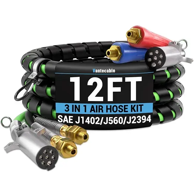 12FT Semi Truck Air Lines Kit with 2PCS Glad Hands, 3-in-1 Air Hoses & 7 Way ABS Electric Power Line, with 2PCS Gladhand Handles, 4PCS Seals and Tender Spring Kit for Semi Truck Trailer Tractor Vantecable