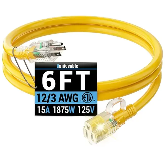 [6ft to 500ft] 12/3 Gauge Heavy Duty Outdoor Extension Cord, with LED Lighted End,Waterproof,ETL,flexible