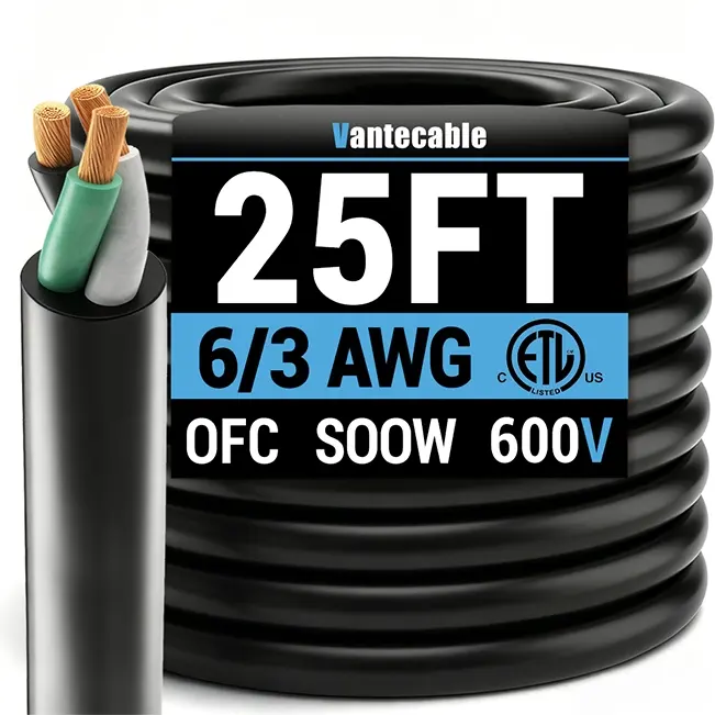 6/3 Gauge SOOW Electrical Wire, 600V, Black, ETL Listed, 25ft