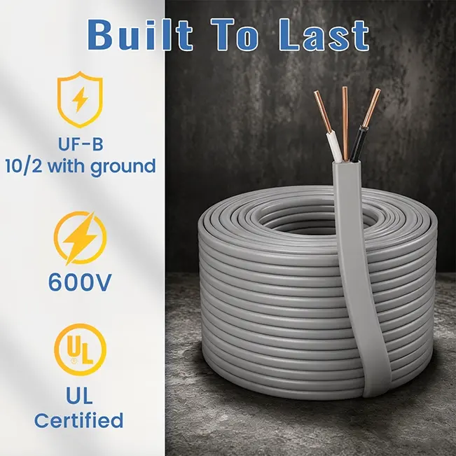 [50ft to 250ft]UF-B 10/2 with ground Wire,Underground Feeder Cable,Direct Burial Cable,600V,Ideal for landscaping projects,pumps and other loads