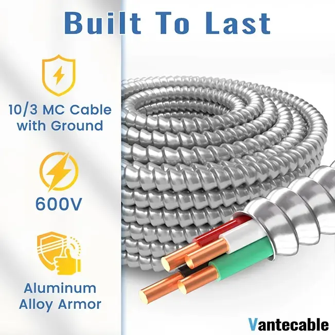 10 AWG MC Cable with Ground, 10 Gauge 2 or 3 Conductors Electrical Wire with Aluminum Armor, Solid Pure Copper Cable,UL Listed