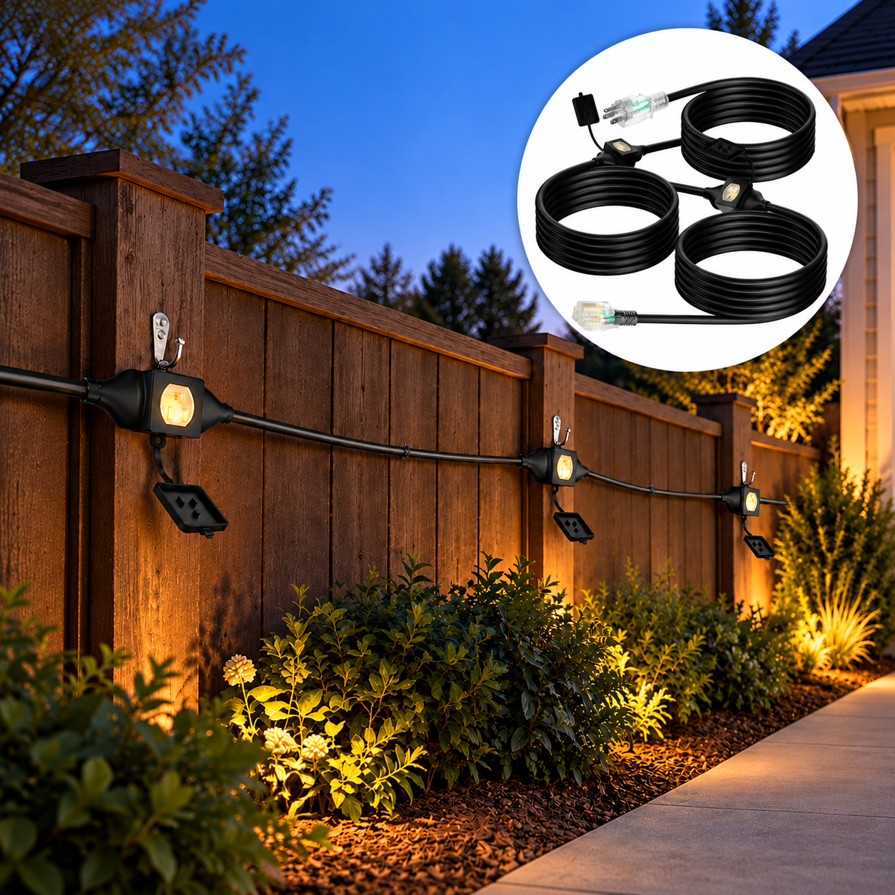 Wall-mount string light extension cord with evenly spaced outlets along a black main line