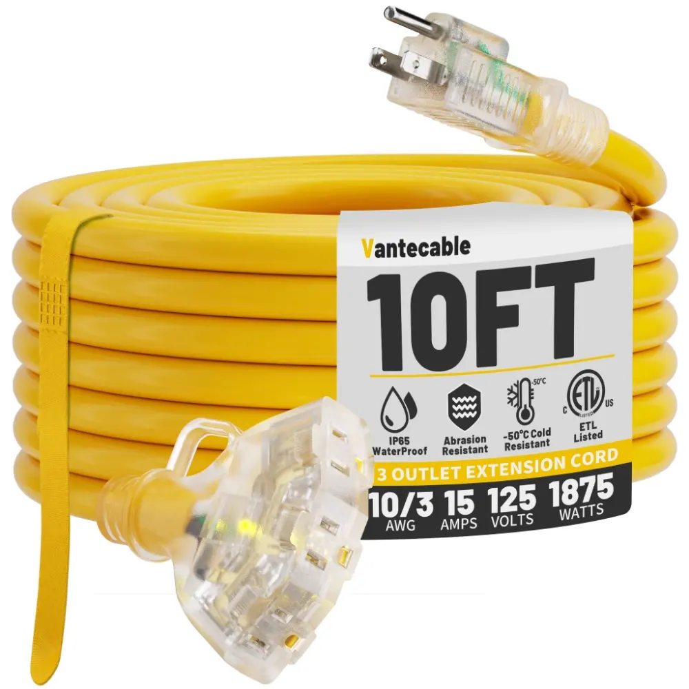 [10ft to 100ft] 10/3 Gauge Multi-Outlet Outdoor Extension Cord, Waterproof Heavy Duty with LED Lighted Indicator,yellow,Waterproof,ETL,flexible