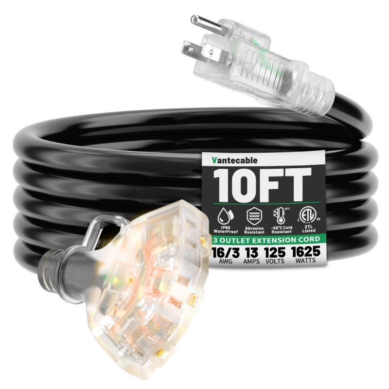 100 FT 16/3 Gauge Outdoor Extension Cord with Multiple Outlets Light Indicator-Vantecable