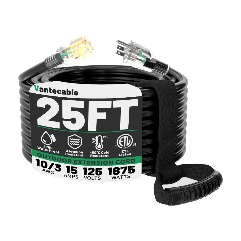 25ft 10/3 Gauge Outdoor Extension Cord Waterproof with Lighted Indicator