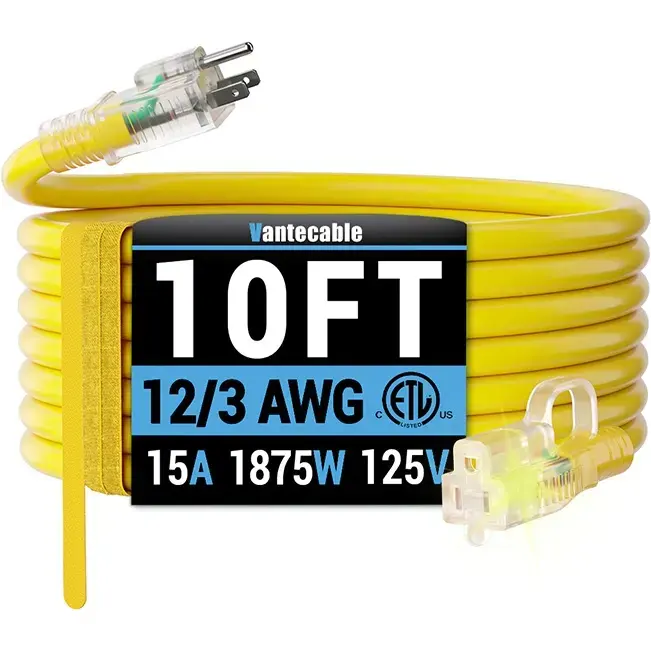 [6ft to 500ft] 12/3 Gauge Heavy Duty Outdoor Extension Cord, with LED Lighted End,yellow,Waterproof,ETL,flexible