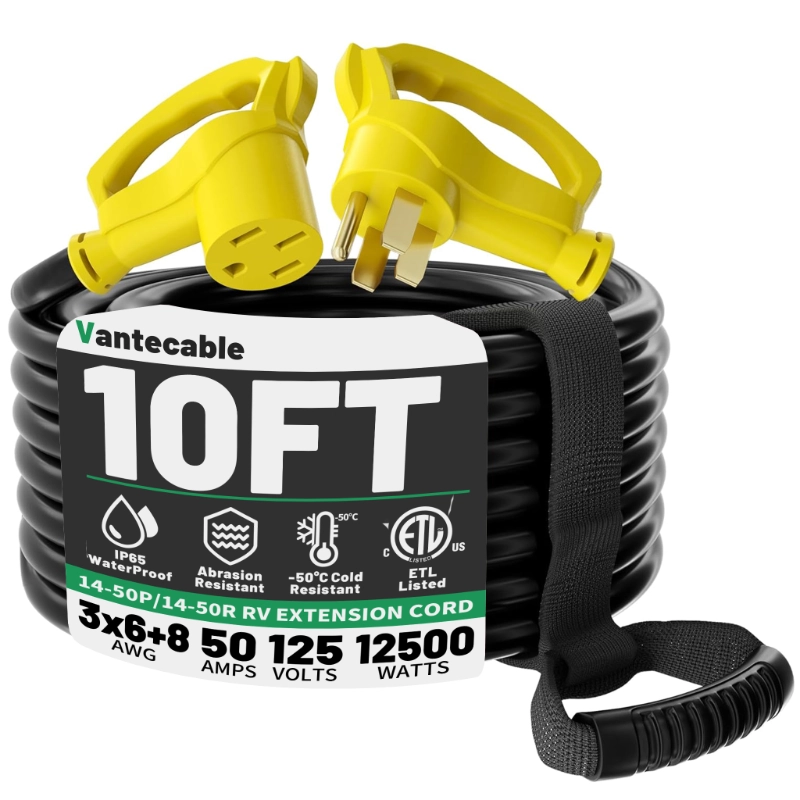 [10ft to 100ft] 6/3+8/1 Gauge 50 Amp RV/EV Extension Cord, NEMA 14-50P to 14-50R Heavy Duty Outdoor Power Cable with Grip Handle