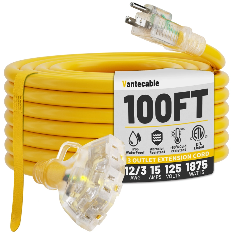 12/3 Gauge Outdoor Extension Cord with Multiple Outlets Light Indicator-Vantecable