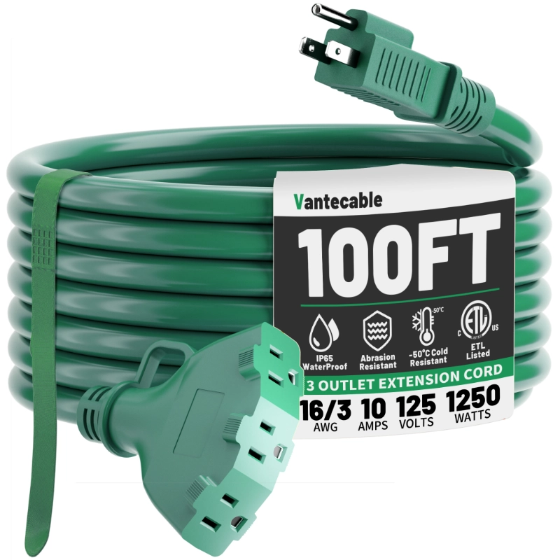 10 FT 16/3 Green Outdoor Extension Cord with Multiple Outlets, 13A 1625W 16AWG SJTW, ETL Listed-Vantecable