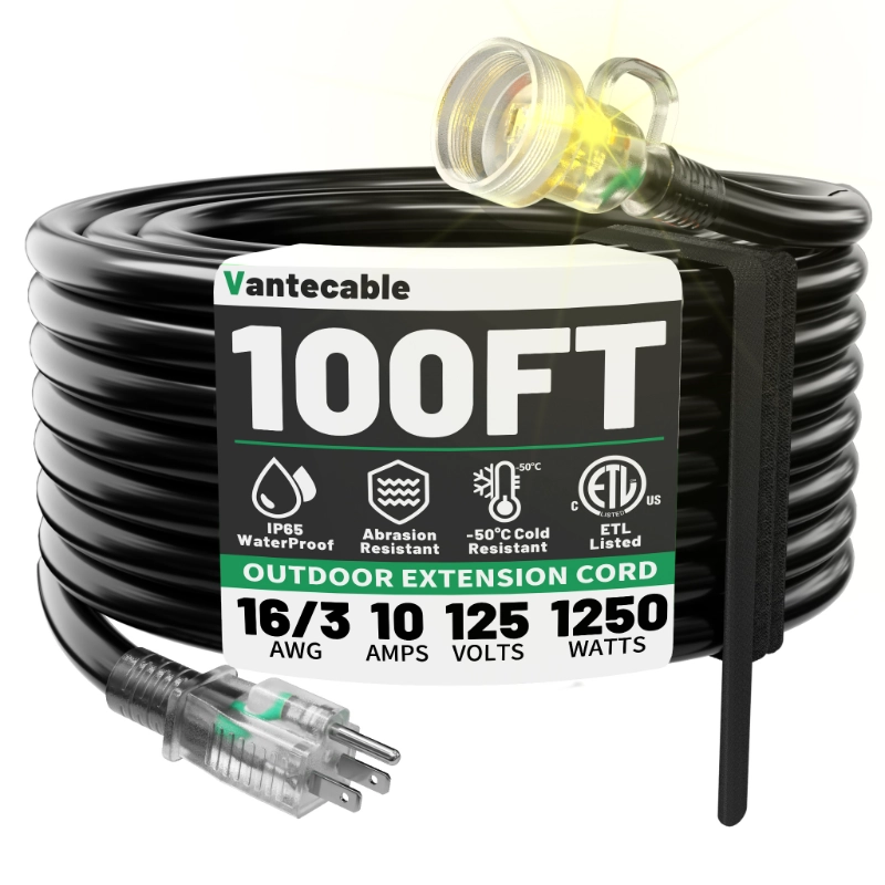 25FT 16 Gauge Black Outdoor Extension Cord Waterproof-Vantecable