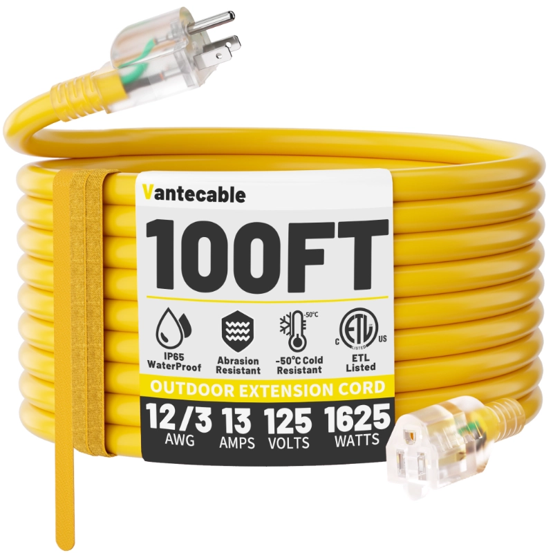 25 ft 12/3 Gauge Heavy Duty Outdoor Extension Cord Waterproof with Lighted-Vantecable