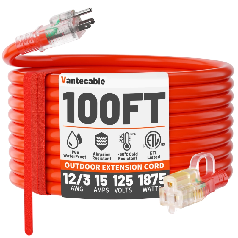 12/3 Gauge Heavy Duty Outdoor Extension Cord 50 ft Waterproof with Lighted end-Vantecable