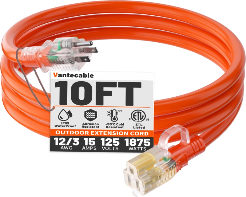 12/3 Gauge Heavy Duty Outdoor Extension Cord 50 ft Waterproof with Lighted end-Vantecable