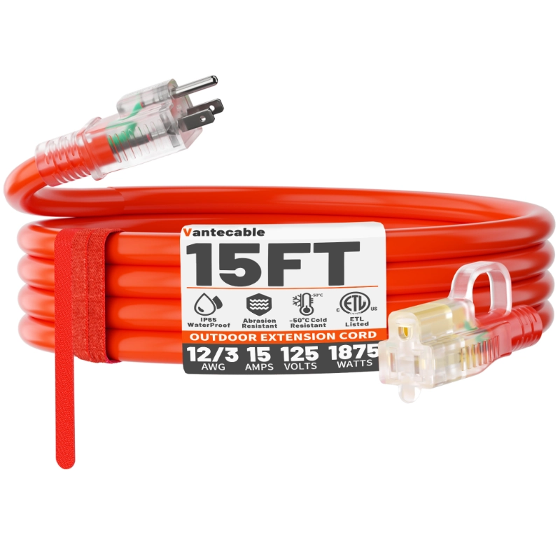 12/3 Gauge Heavy Duty Outdoor Extension Cord 50 ft Waterproof with Lighted end-Vantecable