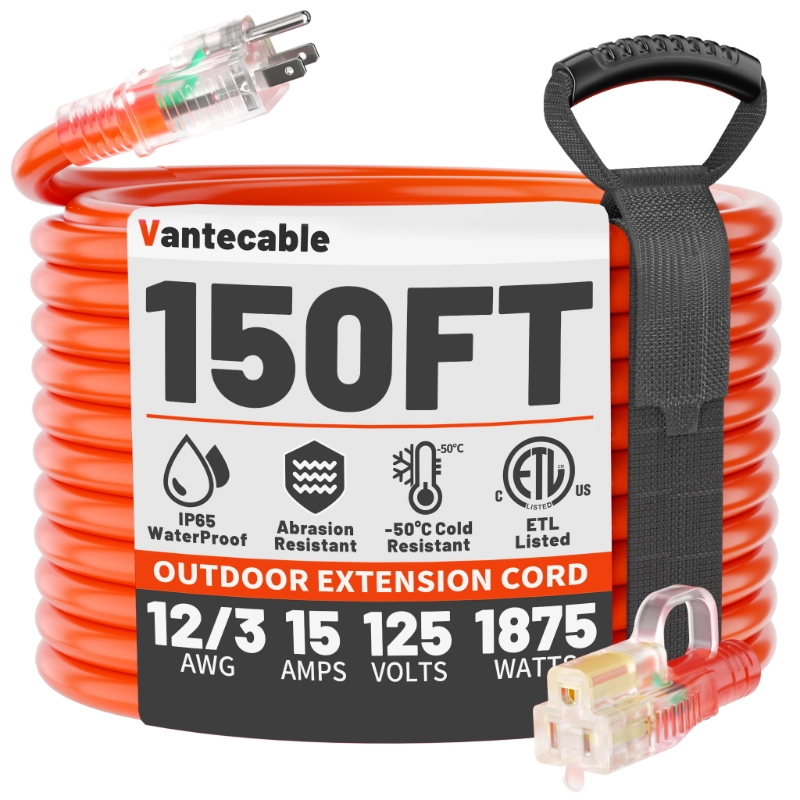 12/3 Gauge Heavy Duty Outdoor Extension Cord 50 ft Waterproof with Lighted end-Vantecable