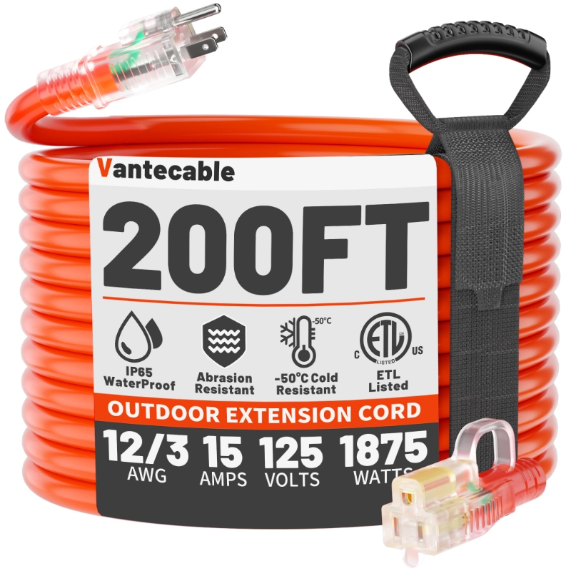 12/3 Gauge Heavy Duty Outdoor Extension Cord 50 ft Waterproof with Lighted end-Vantecable