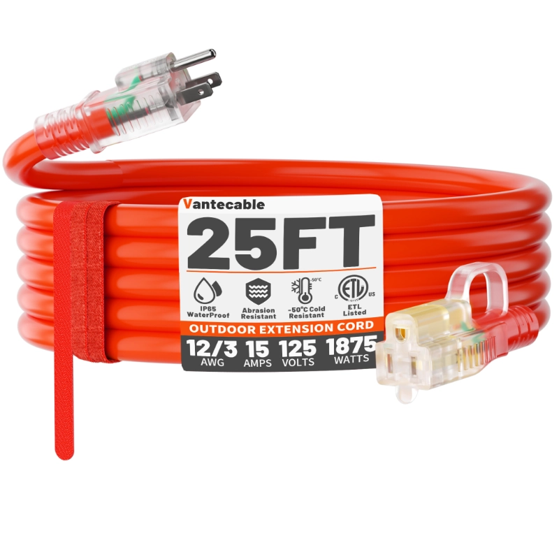 12/3 Gauge Heavy Duty Outdoor Extension Cord 50 ft Waterproof with Lighted end-Vantecable