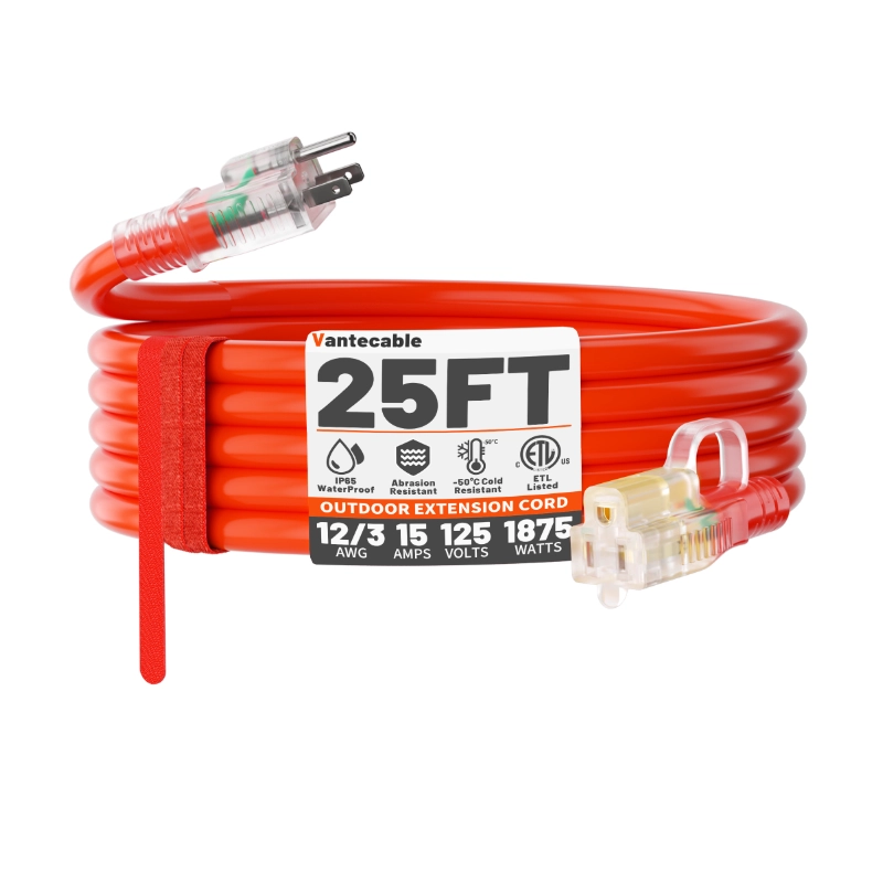 12/3 Gauge Heavy Duty Outdoor Extension Cord 50 ft Waterproof with Lighted end