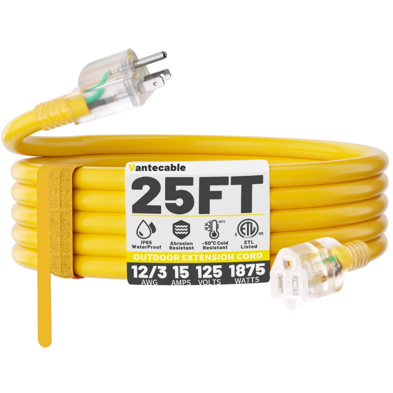 25 ft 12/3 Gauge Heavy Duty Outdoor Extension Cord Waterproof with Lighted-Vantecable