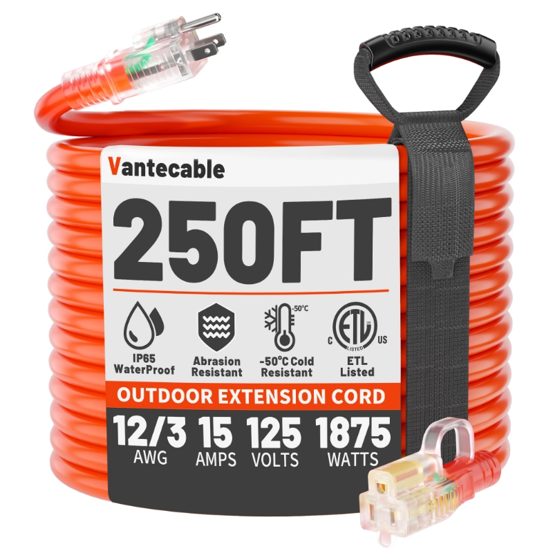 12/3 Gauge Heavy Duty Outdoor Extension Cord 50 ft Waterproof with Lighted end-Vantecable