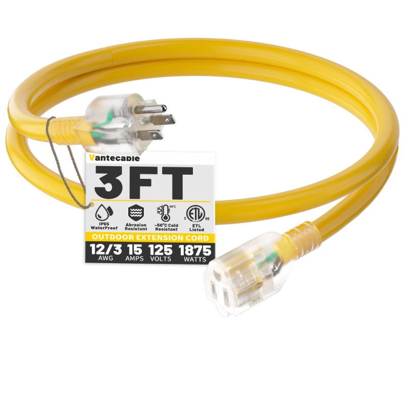 25 ft 12/3 Gauge Heavy Duty Outdoor Extension Cord Waterproof with Lighted-Vantecable