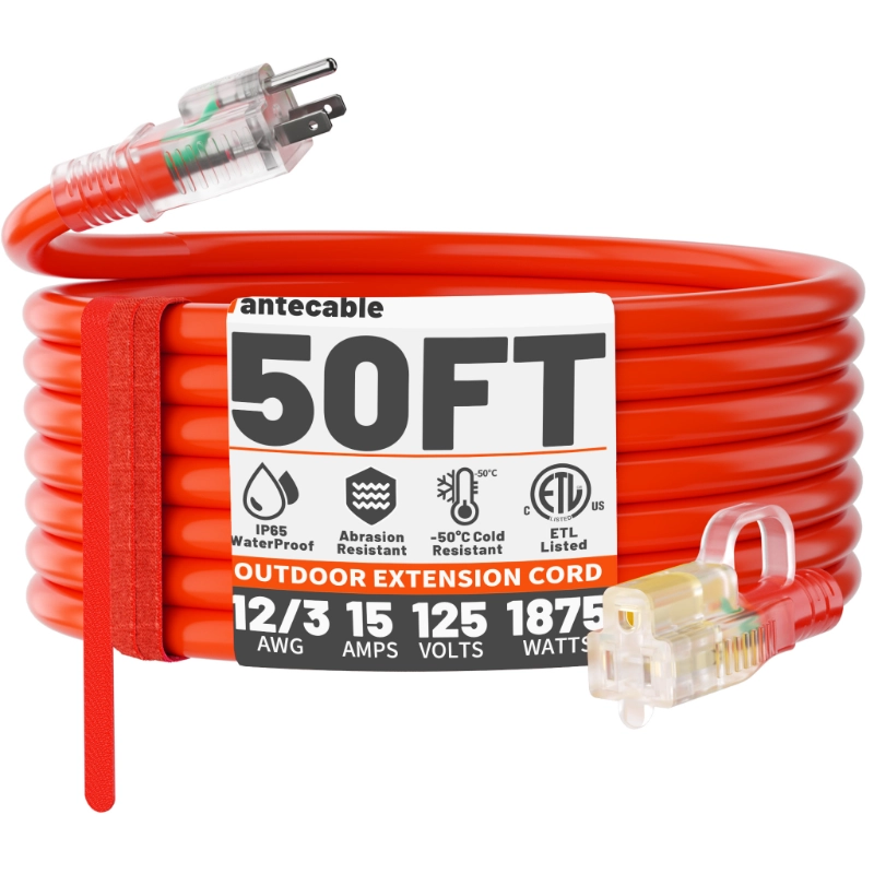 12/3 Gauge Heavy Duty Outdoor Extension Cord 50 ft Waterproof with Lighted end-Vantecable