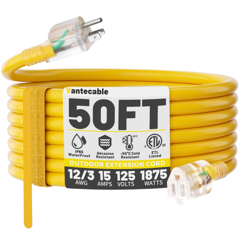 25 ft 12/3 Gauge Heavy Duty Outdoor Extension Cord Waterproof with Lighted-Vantecable