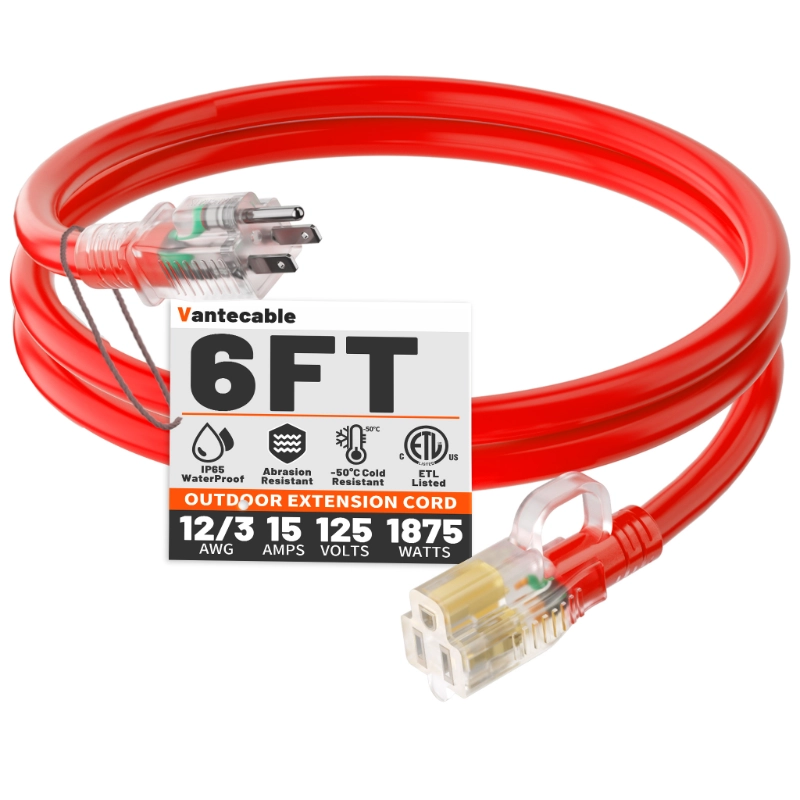 12/3 Gauge Heavy Duty Outdoor Extension Cord 50 ft Waterproof with Lighted end-Vantecable