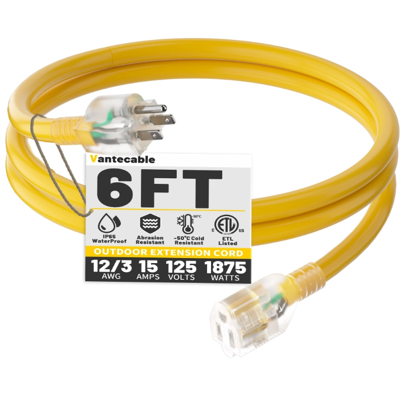 25 ft 12/3 Gauge Heavy Duty Outdoor Extension Cord Waterproof with Lighted-Vantecable