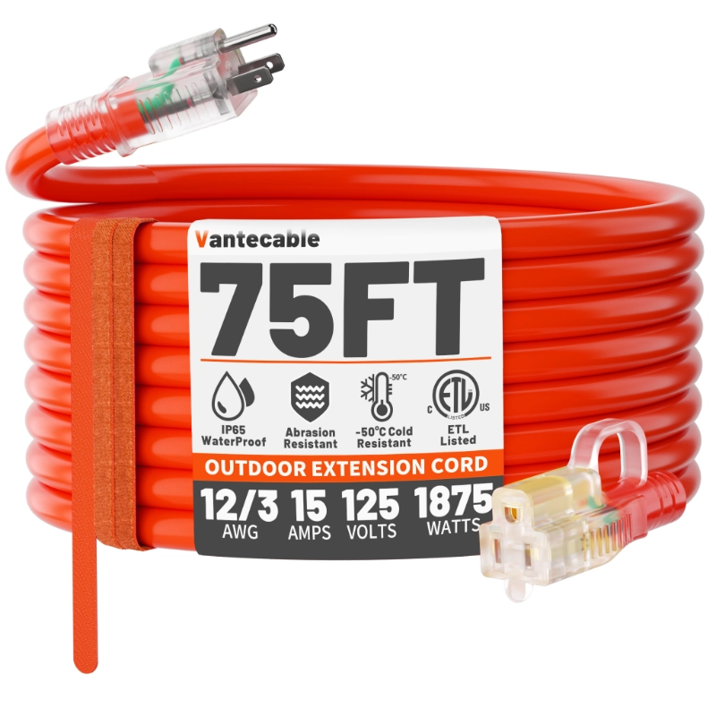 12/3 Gauge Heavy Duty Outdoor Extension Cord 50 ft Waterproof with Lighted end-Vantecable