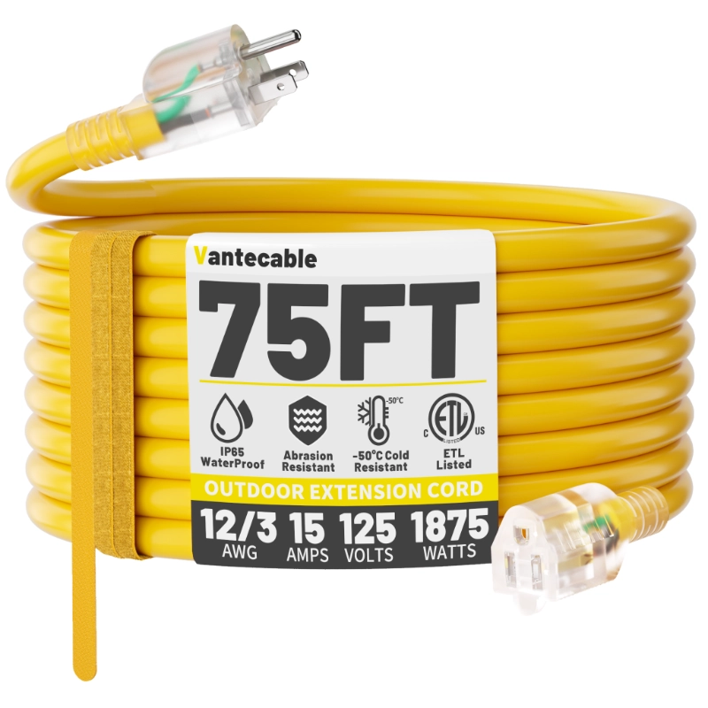 25 ft 12/3 Gauge Heavy Duty Outdoor Extension Cord Waterproof with Lighted-Vantecable