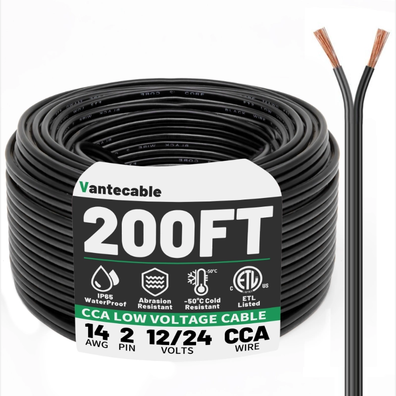 Low Voltage Wire 2 Conductors Black Cable Hookup LED Lighting Strips Flexible Wire Outdoor Extension Cord-Vantecable