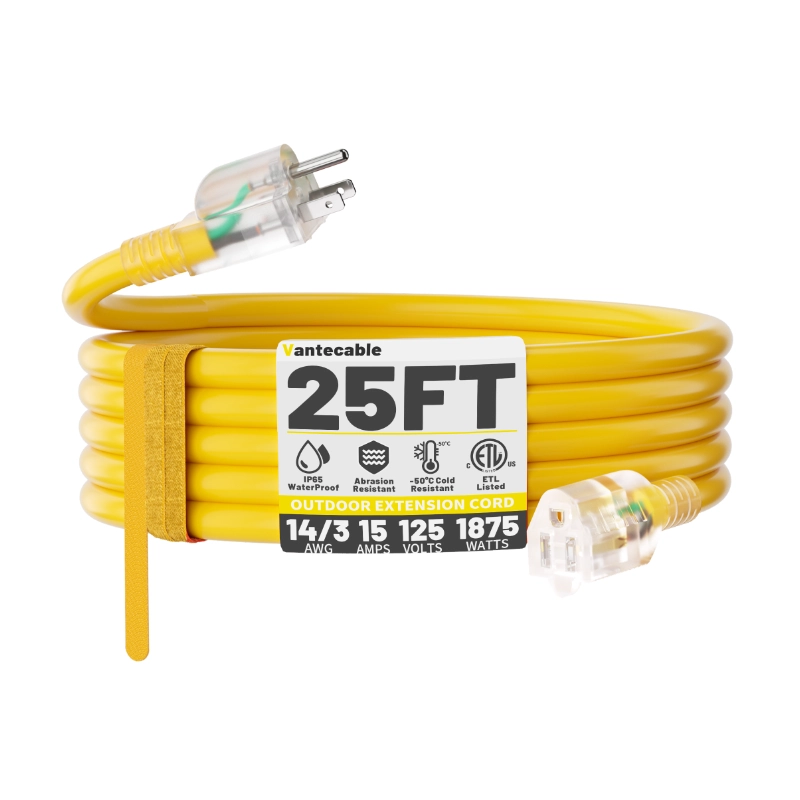 25 ft 14/3 Gauge Heavy Duty Outdoor Extension Cord Waterproof with Lighted