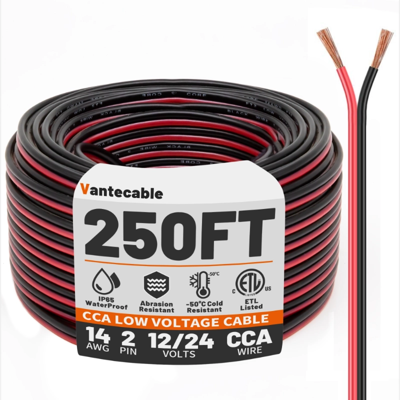 14 Gauge Wire 100FT, 2 Conductors Electrical Wire Red Black Cable, Low Voltage 14 AWG Copper Clad Aluminum-Vantecable