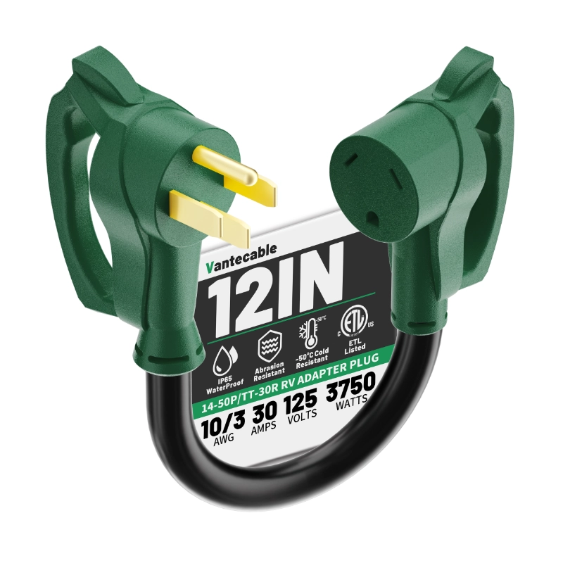 [12 Inch] 10/3 Gauge 50 Amp to 30 Amp RV Adapter Plug, NEMA 14-50P to TT-30R Heavy Duty Dogbone with Easy Grip Handle,Green