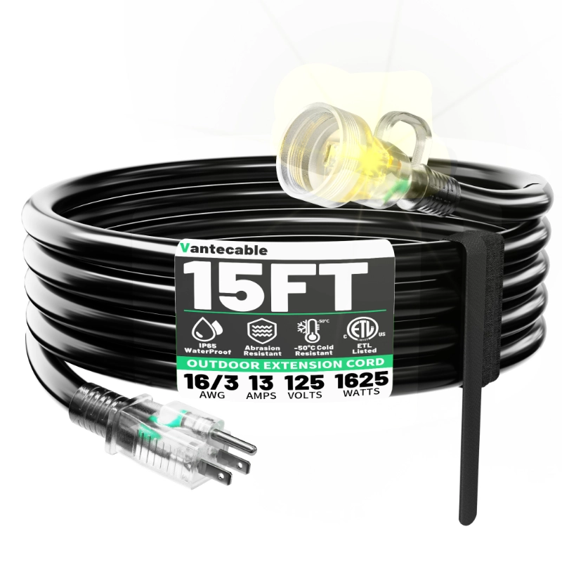25FT 16 Gauge Black Outdoor Extension Cord Waterproof-Vantecable