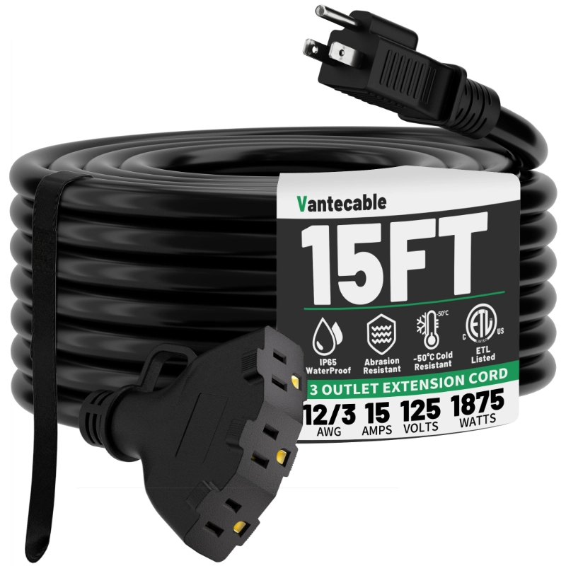 15 FT 12/3 Gauge Outdoor Extension Cord with Multiple Outlets-Vantecable