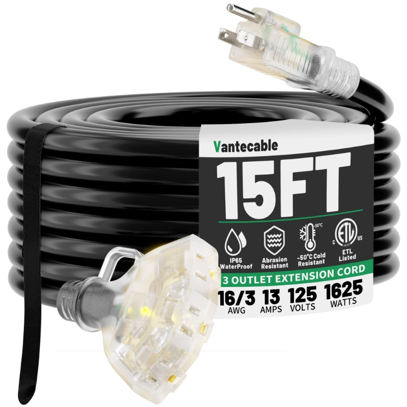 100 FT 16/3 Gauge Outdoor Extension Cord with Multiple Outlets Light Indicator-Vantecable